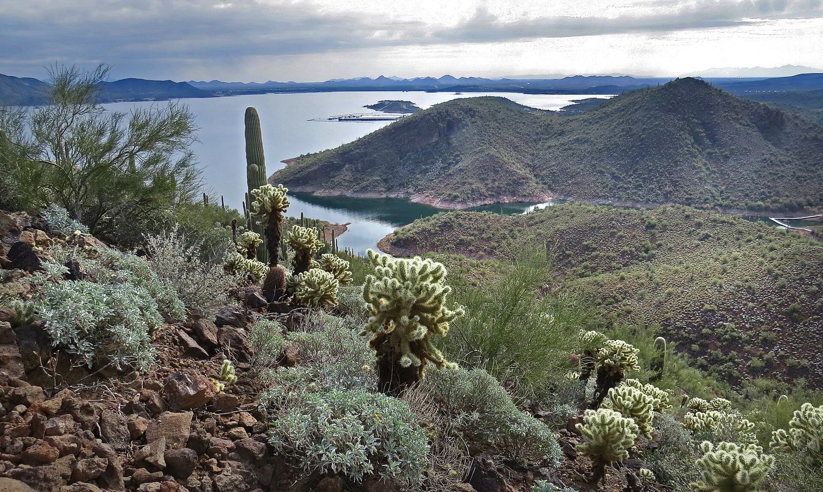 Calm water and desert shoreline at Lake Pleasant, northwest of Glendale